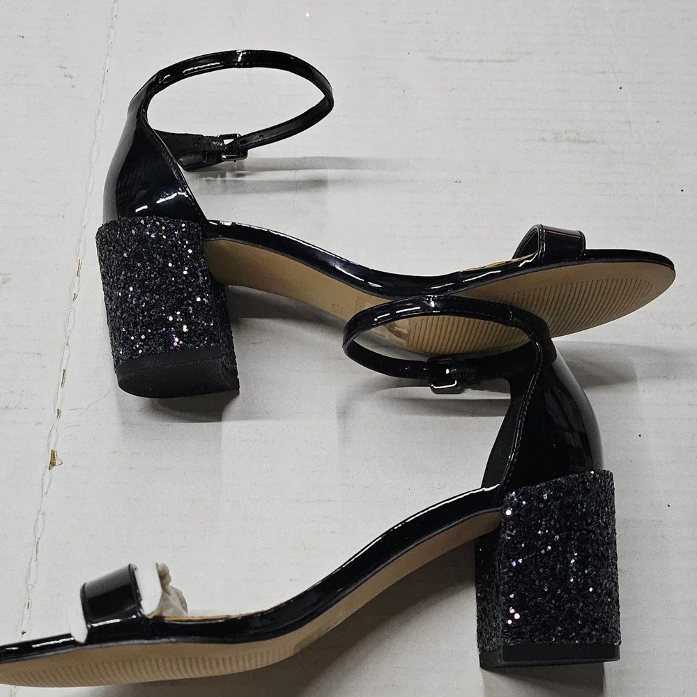 Marc Fisher Safia Black Patent Glitter Block‎ Heel Sandals 5.5M QMSAFIA NEW